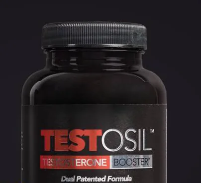 Testosil bottle photographed by the manufacturer: a black bottle on a dark background, the front label reading TESTOSIL, Testosterone Booster, Dual Patented Formula
